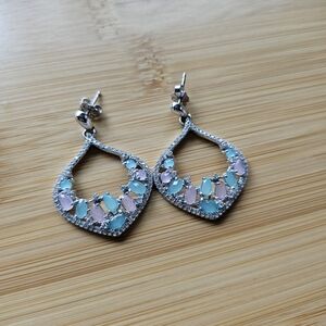 Pastel Cluster Drop Earrings .925 Sterling Silver Marquise Aqua & Pink CZ